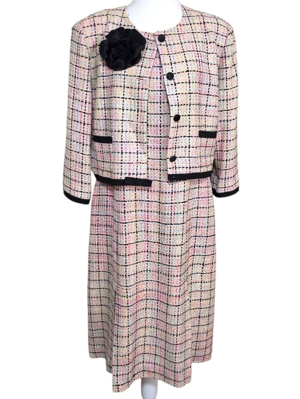 Talbots Vintage Silk Blend Pink BlackTweed Dress & Jacket, 16 Chanel Inspired